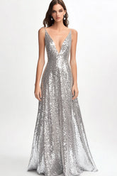 Glitzerndes Silbernes A-Linie V-Ausschnitt Ballkleid mit Pailletten